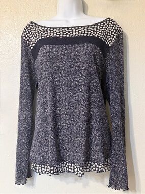 Vintage Russell Kemp Navy Blue Polka‎ Dot Layered Mesh Lettuce Edge Trim Top XL
